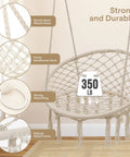 Cozy Macrame Hammock Chair With Thick Cushions, Indoor Outdoor Hanging Swing, sturdy cotton rope, holds up to 350 lbs, white background.