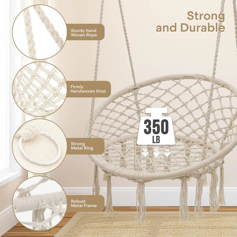 Cozy Macrame Hammock Chair With Thick Cushions, Indoor Outdoor Hanging Swing, sturdy cotton rope, holds up to 350 lbs, white background.