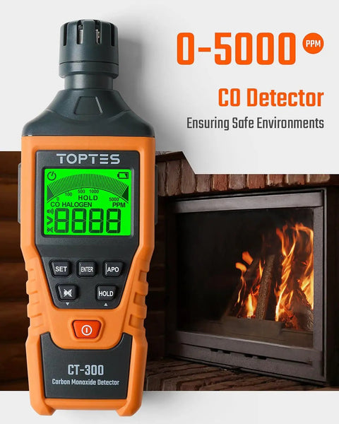 Portable Carbon Monoxide Detector With Audible And Visual Alarm And Backlit LCD For Home Car Camping And Travel Zero To Five Thousand PPM Includes Batteries And Carrying Case Orange