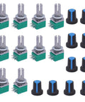 Ten Pack Potentiometers Set Top Adjust Rotary Potentiometers With Knurled Shafts 6 Pin Linear Rotary 5K 10K 20K 50K 100K Ohm Values Two Each For DIY Audio Gear And Electronics shown with caps
