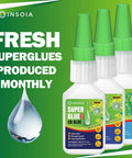 Front view: three white CA glue bottles with green caps labeled INSOIA Super Glue 20 g each