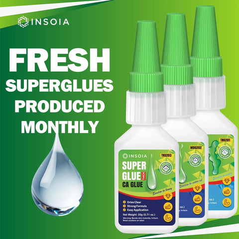 Front view: three white CA glue bottles with green caps labeled INSOIA Super Glue 20 g each