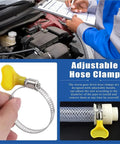 Get A Total Of 76 Adjustable Hose Clamps In One Sweet Combo Kit Plus Stepless Worm Gear Clamps For Any Car Or Bike Pipe From 8 To 44Mm Made With High Grade Stainless Steel And Easy Grip Plastic Handles That Make DIY Fix-ups Super Dope Today. stainless steel adjustable hose clamp with yellow handle on engine hose