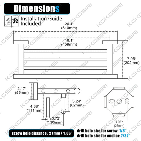 Dimensional diagram of 20 Inch Towel Rail And Shelf With Double Towel Bars For Bathroom Wall Mounted Towel Rack In SUS 304 Stainless Steel