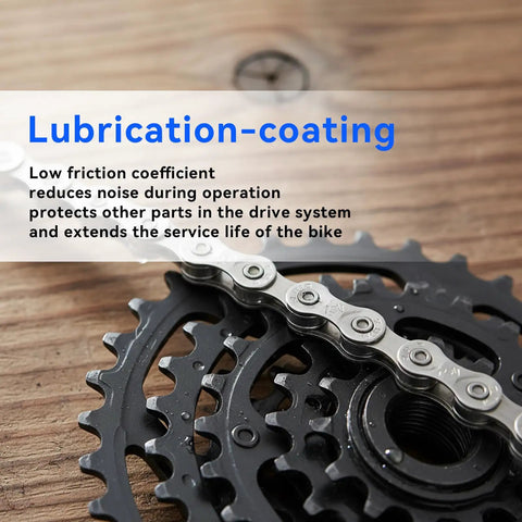 6/7/8 Speed Bike Chain For Road And Mountain Bikes, Full Silver Plating, 116 Links, shown on bike gear system with lubrication coating