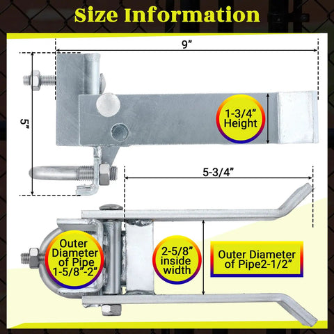 Size details of Heavy Duty Chain Link Gate Latch For 1-5/8 To 2 Inch Gate Frames with dimensions and features.