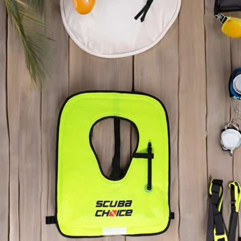 Flat lay of Adult Snorkel Vest With Name Box, Lightweight Adjustable Buoyancy Gear For Water Sports, High Visibility Neon Yellow Safety Vest