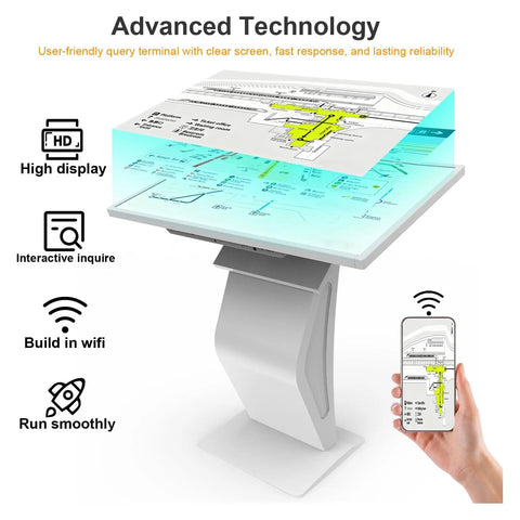 Top Notch 43 Inch Interactive Touch Screen Kiosk With Slick 10 Point Capacitive Panel For No Hassle Indoor Digital Signage And Rock Solid Windows Integration Over Full HD LCD, user-friendly terminal displaying a map.