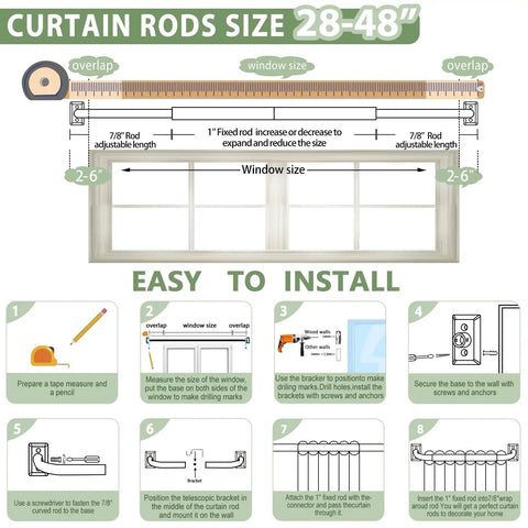 Wrap Around Blackout Curtain Rods 28 To 48 Inch Adjustable Window Rod installation guide with measurements