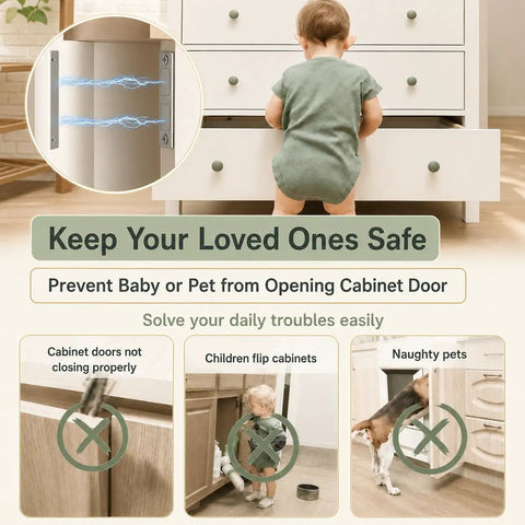Six Pack Magnetic Cabinet Door Catches Ultra-Thin Adhesive Latches image showing a child near a drawer, highlighting safety features.