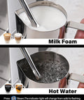 Badass 20 Bar Espresso Machine With Built In Anti Static Grinder And 45 Precision Grind Settings Silver Countertop Brewer showing milk foam and hot water.