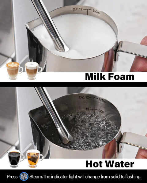 Badass 20 Bar Espresso Machine With Built In Anti Static Grinder And 45 Precision Grind Settings Silver Countertop Brewer showing milk foam and hot water.