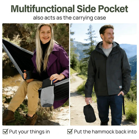 Woman in Portable Camping Hammock With Tree Straps And Attached Carry Bag For Outdoor Adventures And Backyard Relaxation Perfect For Hiking Beach Trips Travel And Weekend Getaways Chill And Unwind folding hammock into carry bag.