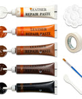 Heavy Duty Leather And Vinyl Repair Kit For Couches And Car Seats With Fast Acting Glue includes repair paste tubes and tools.