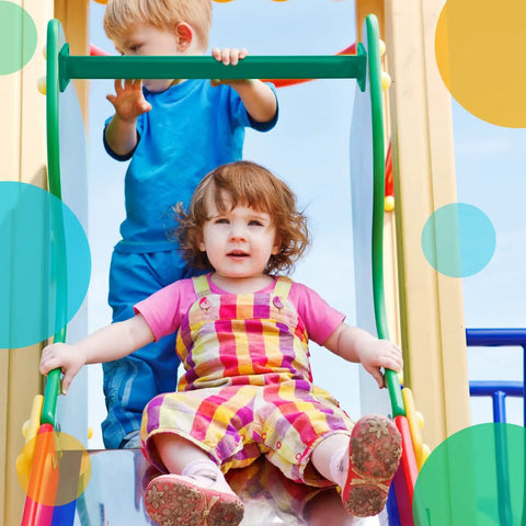Children playing on colorful slide with Six Pack 16.5 Inch Metal Monkey Bars Ladder Rungs For Swing Sets And Jungle Gyms 1.27 Inch Diameter