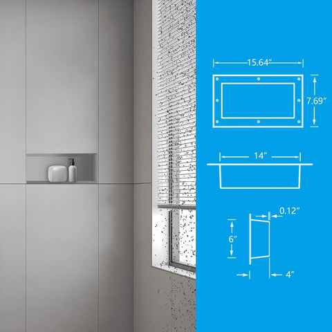Tileable Shower Niche Foot Rest 16 By 8 By 4 Inches Recessed Wall Niche Insert in bathroom with dimensions illustration