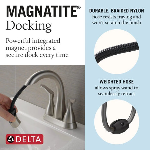Broadmoor Centerset Brushed Nickel Bathroom Faucet With Pull Down Sprayer, hose detail, MagnaTite Docking, installation guide