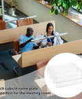 Set Of 10 Clear Cubicle Name Plate Holders For 2.25 Inch Wall Cubicle Signs shown in a library setting with close-up inset