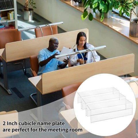 Set Of 10 Clear Cubicle Name Plate Holders For 2.25 Inch Wall Cubicle Signs shown in a library setting with close-up inset