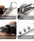 Pop Rivet Gun Adapter Kit For Cordless Drill steps showing attachment and disassembly with four head sizes displayed.