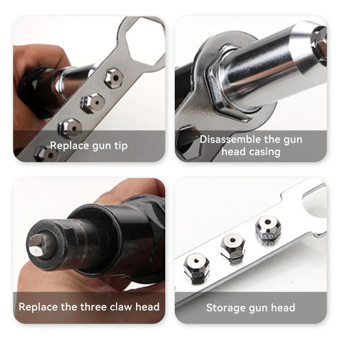 Pop Rivet Gun Adapter Kit For Cordless Drill steps showing attachment and disassembly with four head sizes displayed.