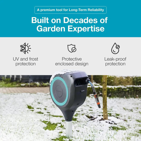 Automatic Retractable Garden Hose Reel With 66 Feet Reach 360 Degree Swivel Metal Spike Base Easy Install No Tool Needed UV Resistant Housing Smooth Auto Rewind And Lock Durable Yard Hose Organizer in snowy garden