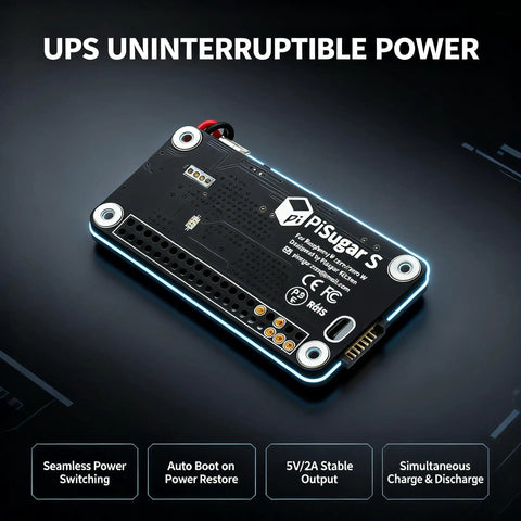 Built Tough Reliable 1200mAh Mini Uninterruptible Power Supply Battery Pack Designed For Raspberry Pi Zero W Wh And 2W Model Board With Auto Boot Backup Switch, black circuit board view.