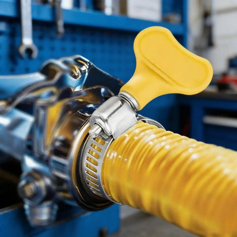 Close-up of a stainless steel worm gear clamp with yellow thumb screw securing a yellow hose, 6Pcs Adjustable Hose Clamps Set Stainless Steel Worm Gear Clamps 10 38mm With Yellow Thumb Screw For Fuel Lines Automotive Plumbing Garden And Gas Interfaces.
