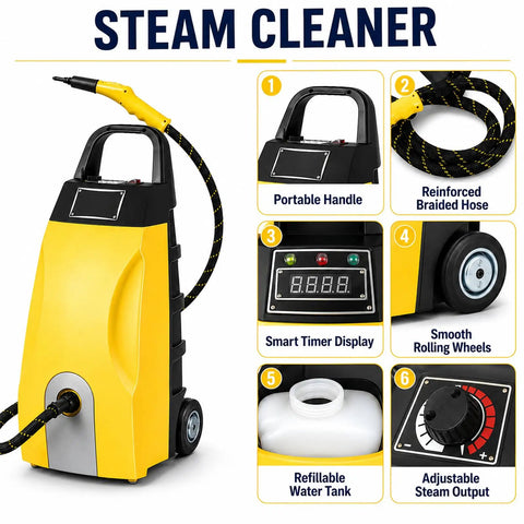 Buff Out Dirt With This Bad Boy 3000W Commercial Steam Cleaner with portable handle and smooth rolling wheels.
