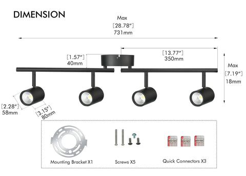Dimensions of 4-Light Smart WiFi LED Track Lighting Kit with Alexa Google Home Voice Control, RGB CW Color Changing Heads