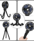 Clip On Stroller Fan USB Rechargeable Mini Personal with 3 Speeds 360 Degree Rotating Removable Flexible Tripod in use.