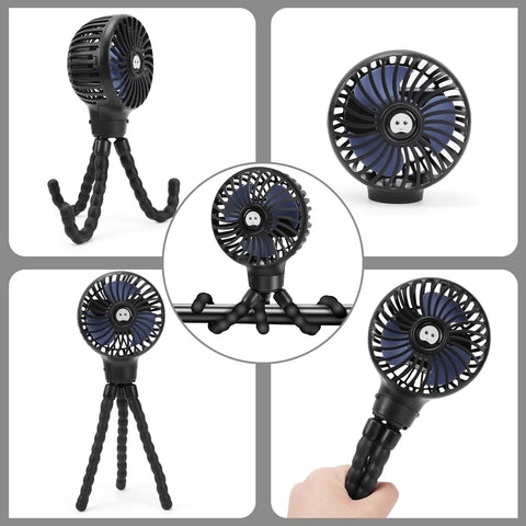 Clip On Stroller Fan USB Rechargeable Mini Personal with 3 Speeds 360 Degree Rotating Removable Flexible Tripod in use.