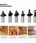 Top Notch 12-Piece 1/2 Inch Shank Wood Milling Cutter Set For Serious Router Grindings showing various router bits and applicable materials.