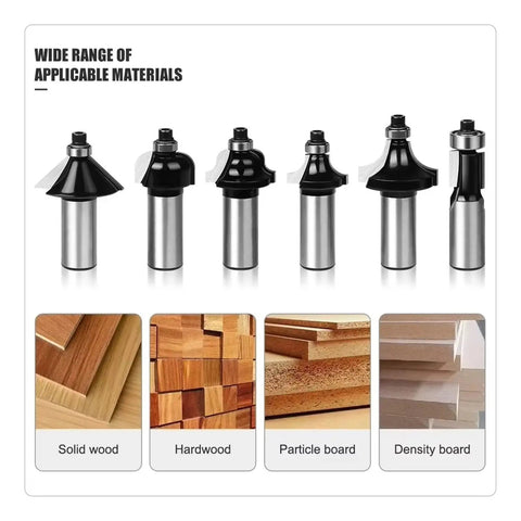 Top Notch 12-Piece 1/2 Inch Shank Wood Milling Cutter Set For Serious Router Grindings showing various router bits and applicable materials.