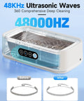 Pro Grade 50KHz Jewelry Cleaner With 3 Modes And Digital Timer showing ultrasonic waves and bracelet before and after cleaning