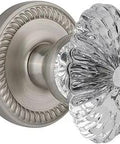 Newport Rosette With Burgundy Crystal Knob, Double Dummy Entry Door Hardware, Satin Nickel Finish, Solid Forged Brass, Push Pull No Latch Lock
