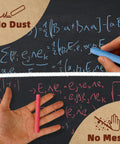 Colorful Dustless Chalk Set 100 Pieces In 10 Rich Colors Non Toxic For Classrooms Teachers And Students Kid Tested And Classroom Friendly For Chalkboards And Whiteboards Everyday Learning, showing blue chalk writing on blackboard and red chalk in hand.