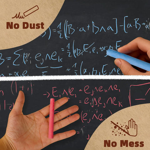 Colorful Dustless Chalk Set 100 Pieces In 10 Rich Colors Non Toxic For Classrooms Teachers And Students Kid Tested And Classroom Friendly For Chalkboards And Whiteboards Everyday Learning, showing blue chalk writing on blackboard and red chalk in hand.