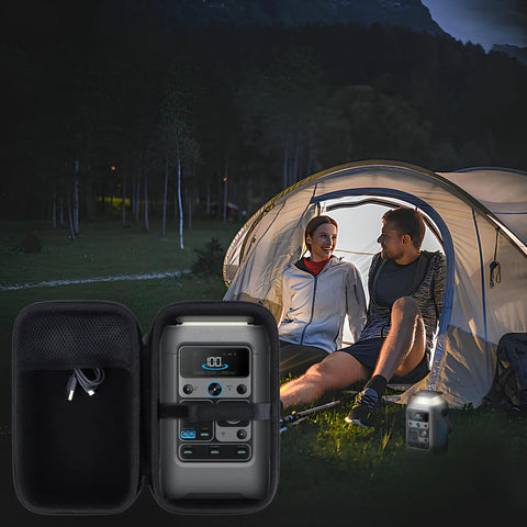 Rugged Hard Shell Case For Solix C300 DC Power Bank Station with mesh pocket, shown outdoors by a glowing tent.