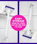 Magic Eraser Shower and Tub Scrubber Bathroom Cleaner All In One Kit shown hanging on towel bar and hook