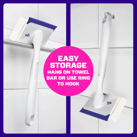 Magic Eraser Shower and Tub Scrubber Bathroom Cleaner All In One Kit shown hanging on towel bar and hook