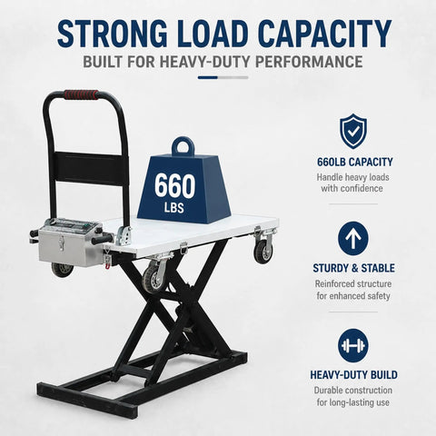 No Sweat Workhorse Electric Lift Table Cart With Automatic Hydraulic Pump And Tough 48 Volt Motor For Moving Up To 660 Pounds Smoothly Across Active Warehouse Floors Daily