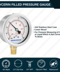 MEASUREMAN glycerin-filled pressure gauge, 2.5 in dial, stainless steel case, brass internals, 1/4 in NPT lower mount