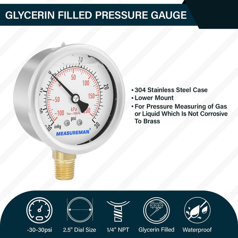 MEASUREMAN glycerin-filled pressure gauge, 2.5 in dial, stainless steel case, brass internals, 1/4 in NPT lower mount