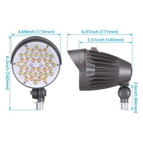 Dimensions of All In One Versatile LED Bullet Flood Light With 20W 30W 40W Options, 3CCT 3000K 4000K 5000K, 4880 Lumens, Dusk To Dawn Sensor