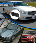 Collage showcasing Nissan vehicles with a Nissan Mass Air Flow MAF Sensor Direct Fit Drop-In AFH60M-39 MAS339 inset image.
