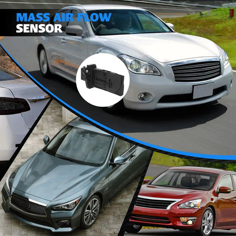 Collage showcasing Nissan vehicles with a Nissan Mass Air Flow MAF Sensor Direct Fit Drop-In AFH60M-39 MAS339 inset image.