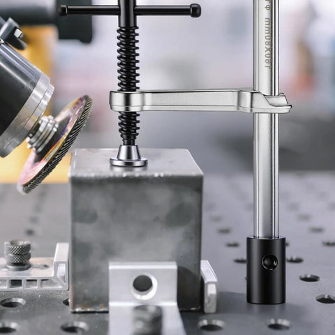 Close-up of Four Pack Welding Clamp Set With T Handle Pro Grade 6.5 Inch Opening And 3.25 Inch Throat Fits Five Eighths Inch Welding Table Holes