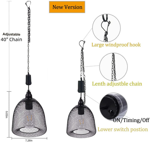 Battery-Powered Hanging Light With 6 Hour Timer For Outdoor Indoor Use Waterproof Pendant Chandelier Lantern In Retro Metal Black Finish Warm White Glow with adjustable 40" chain and windproof hook.