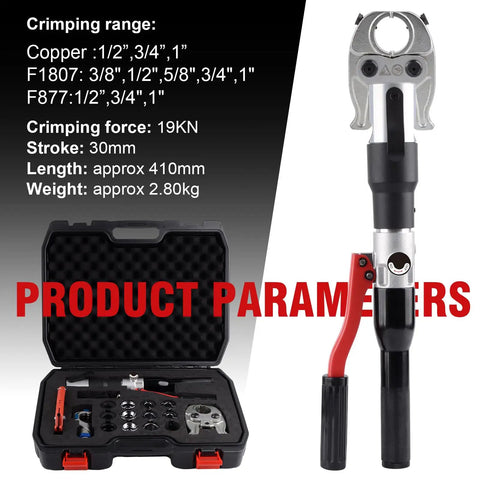 Hydraulic Crimping Tool With 65 MPa Auto Pressure Relief, One Half To One Inch Dies For Copper Pipes And F877 PEX Sleeves, Three Eighths To One Inch Dies For ASTM F1807 PEX Rings, Lightweight Yet Rugged Aluminum Construction, Leak Proof System For Pro. crimping tool kit with case and dies